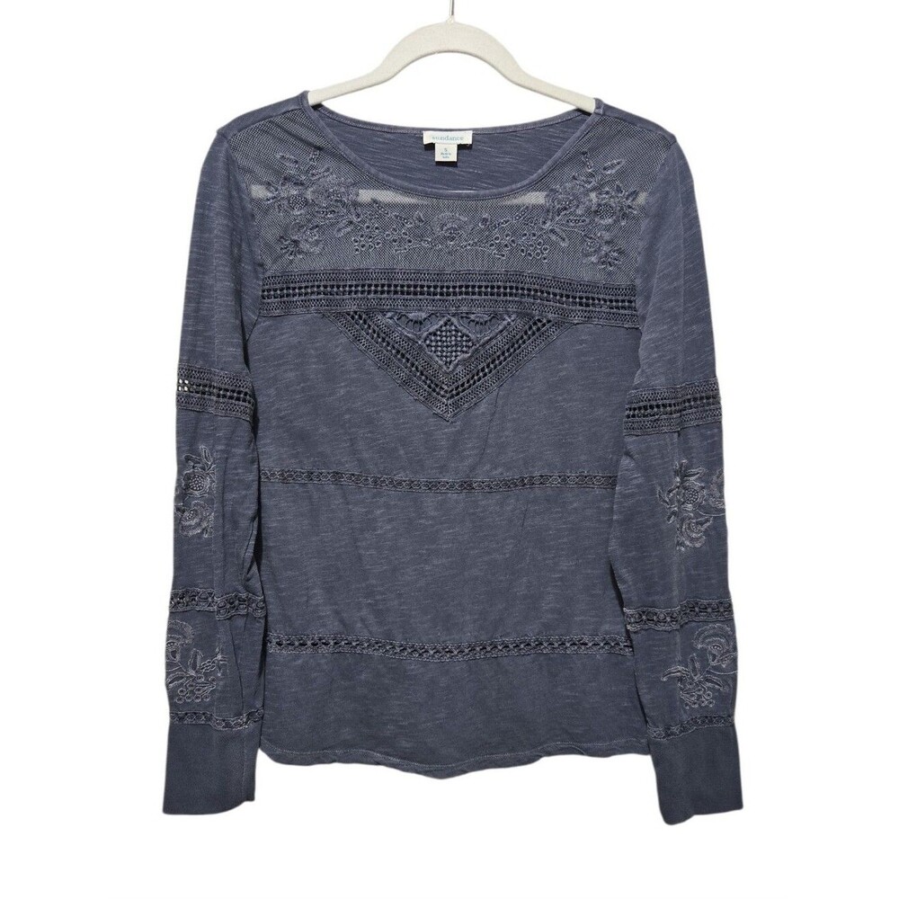 Sundance Slate Blue Embroidered Lace-Detail Long Sleeve Eden's Lace Top Small